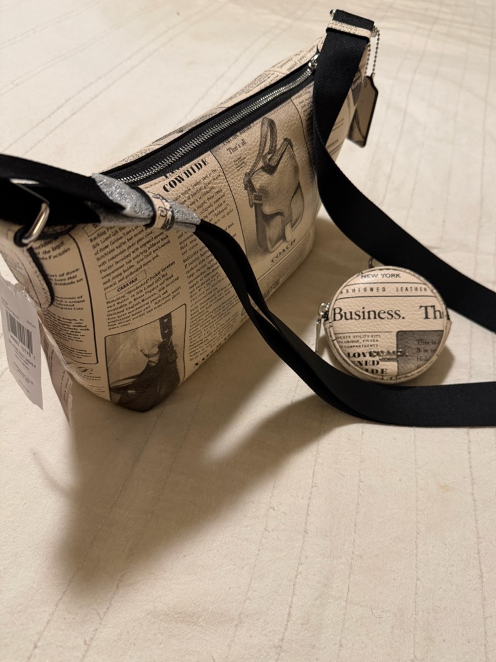 Coach Newspaper Print Shoulder Bag in Cream and Black - Picture 7 of 14
